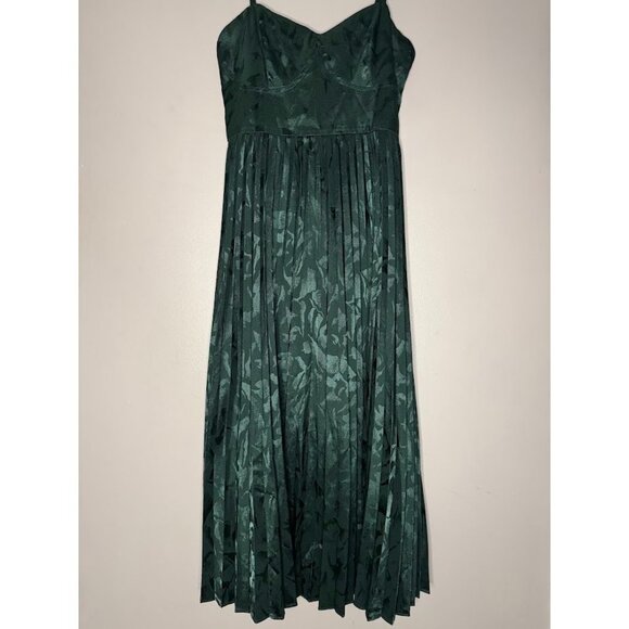Lulus Dark Green Emerald Satin Jacquard Pleated Midi Dress Size XS Fall Coquette - Picture 6 of 13
